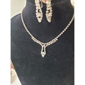 Vintage Rhinestone Necklace & Earrings Set Silver Tone Bridal Jewelry Statement